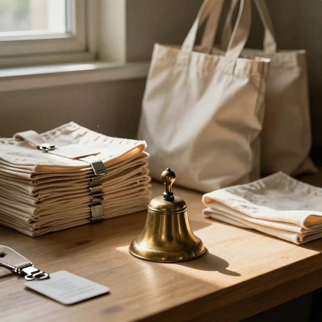 Brass bell, canvas totes, and lanyards on a pale wood volunteer check-in table in warm window light
