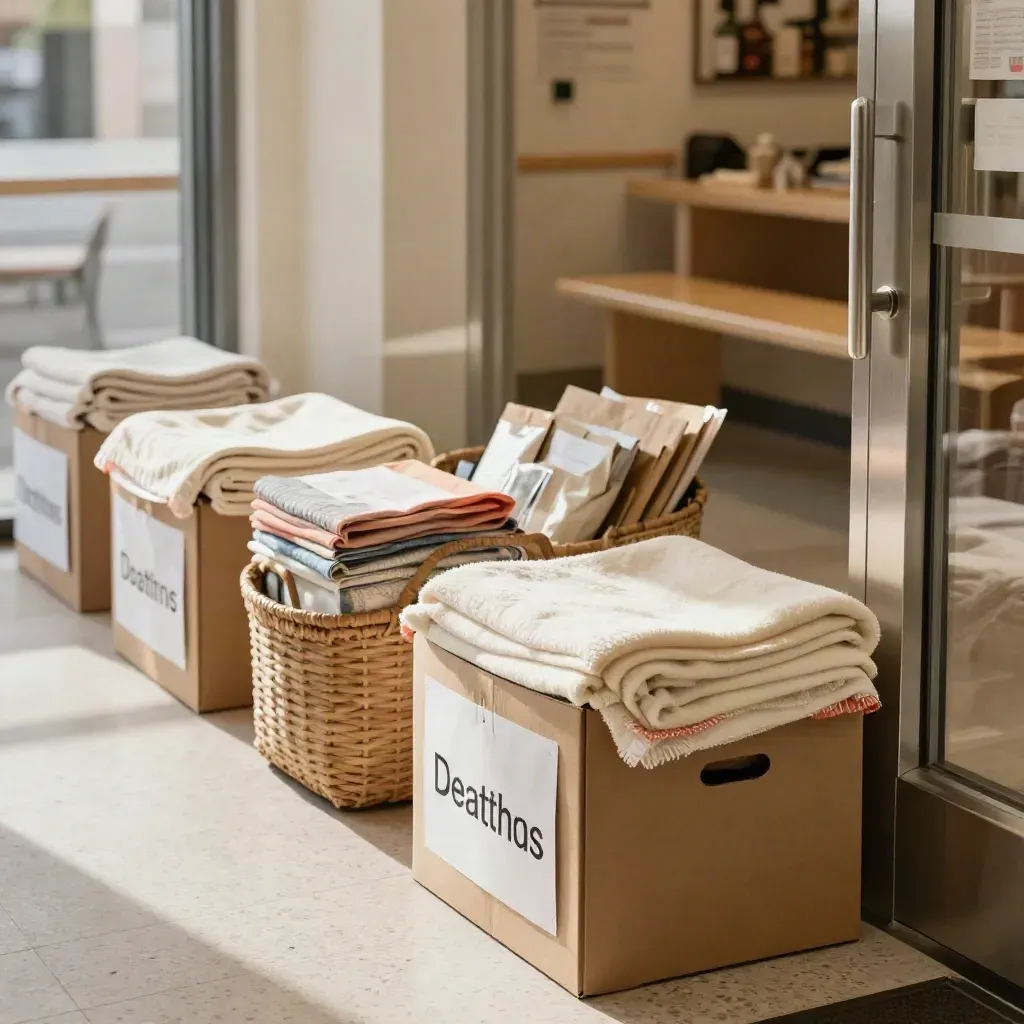Donation boxes and folded blankets in a sunlit community-center entry