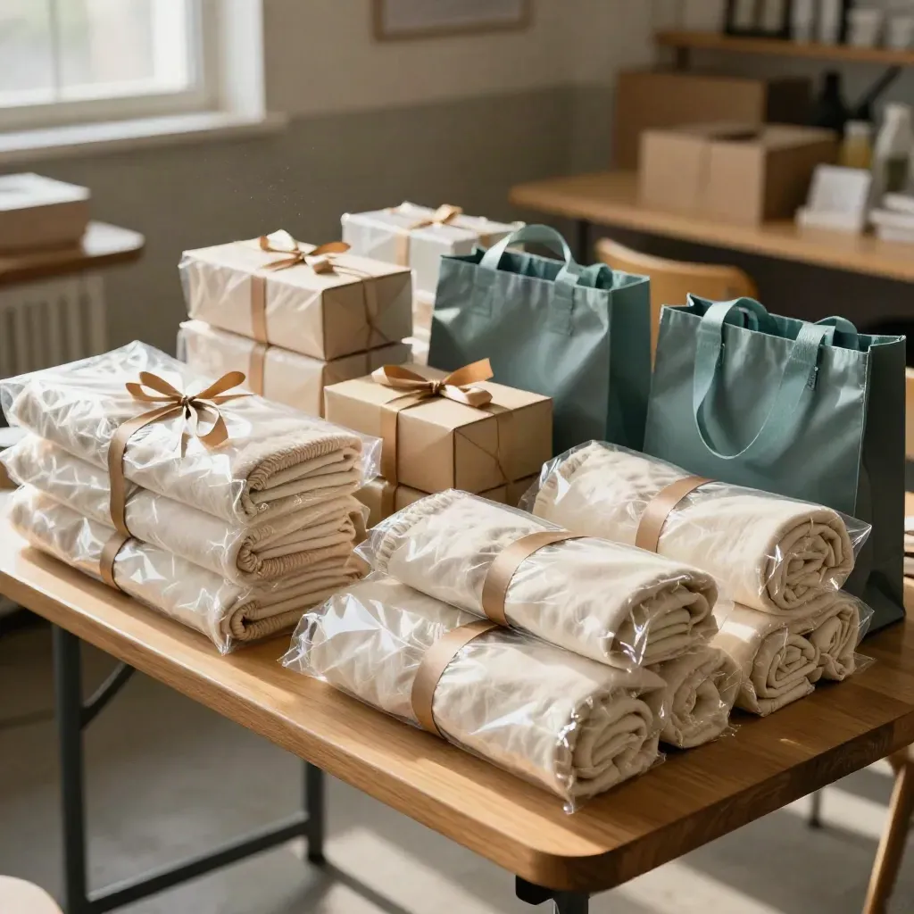 Gift-week bundles of hygiene kits, blankets and ribboned boxes arranged on a community hall table.