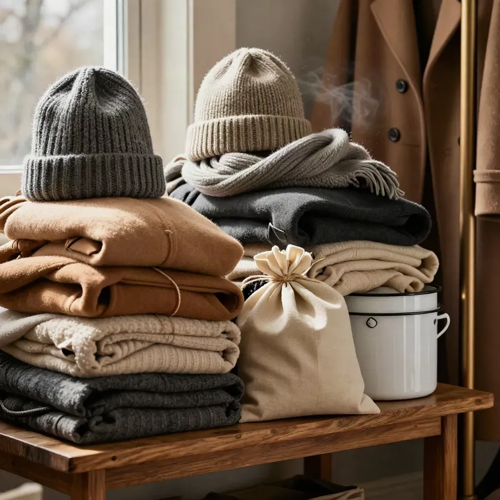 Warm winter coats, hats, scarves, and gift sacks piled in a distribution corner.
