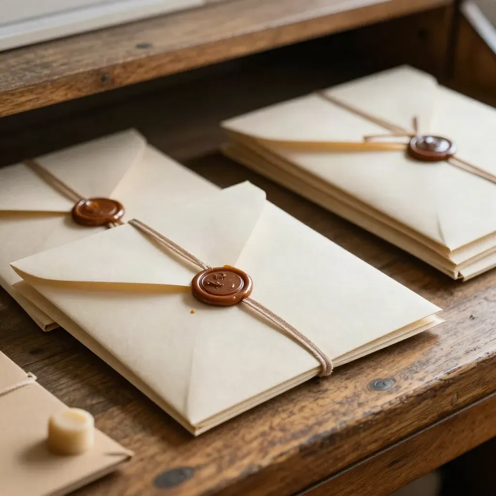 Wax-sealed thank-you cards and ribbon ties on a khaki mailroom bench.