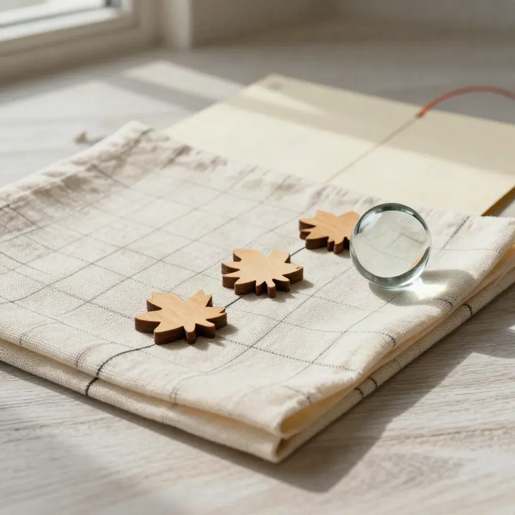 Linen grid cloth, wooden tokens and glass paperweight on pale wood in soft side light.