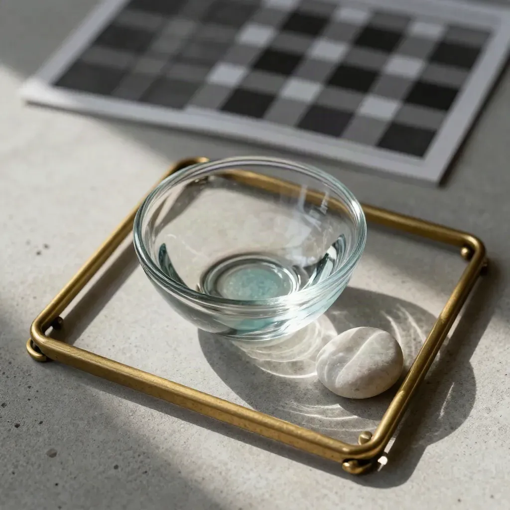 Overhead flatlay of brass tally frame, glass counters, and a pale stone on concrete.